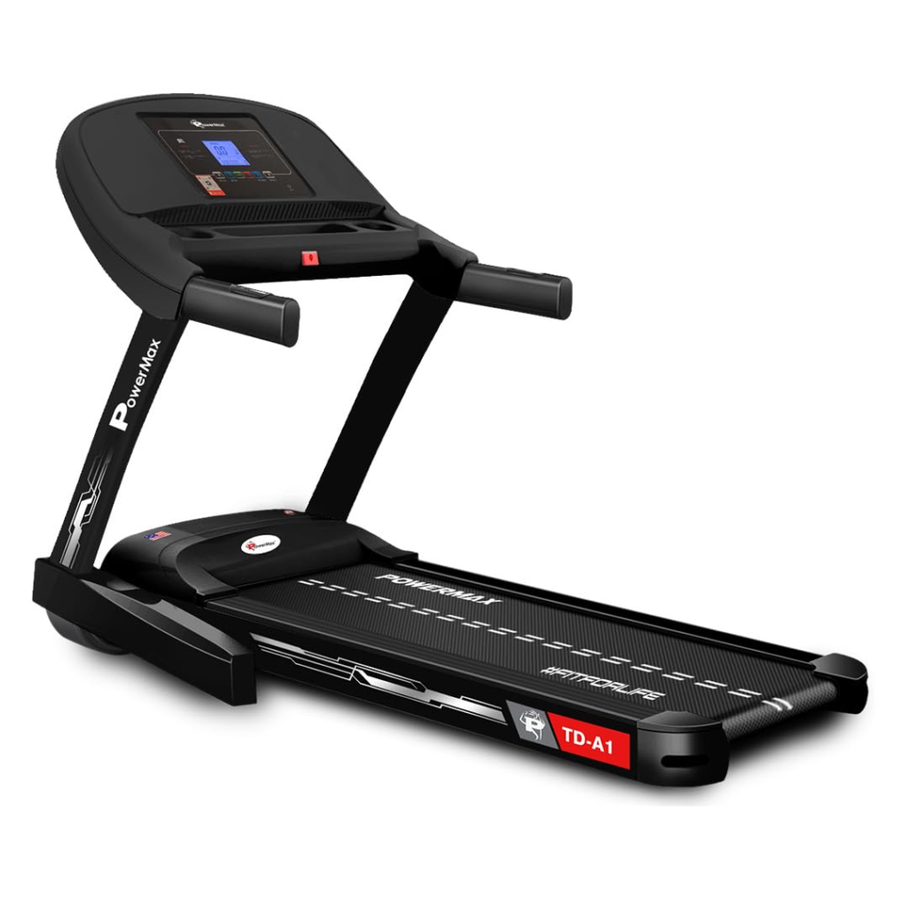 PowerMax Fitness TD-A1 Treadmill offers a 4 HP motor, 15-level auto incline, foldable design & Bluetooth speakers for home workouts